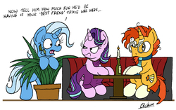 Size: 2323x1458 | Tagged: safe, artist:bobthedalek, starlight glimmer, sunburst, trixie, pony, unicorn, g4, angry, annoyed, bipedal, bottle, camouflage, candle, clothes, dialogue, dress, eye contact, frown, glare, inconvenient trixie, looking at each other, looking back, male, messy mane, necktie, open mouth, plant, potted plant, restaurant, ship:starburst, shipping, simple background, sitting, starlight glimmer is not amused, straight, third wheel, trio, unamused, white background, wide eyes