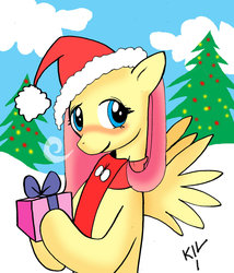 Size: 1024x1198 | Tagged: safe, artist:koku-chan, fluttershy, pony, g4, blushing, christmas lights, christmas tree, clothes, cloud, female, hat, hearth's warming eve, present, remake, santa hat, scarf, signature, snow, solo, tree