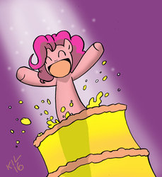 Size: 1024x1117 | Tagged: safe, artist:koku-chan, pinkie pie, earth pony, pony, g4, cake, female, food, popping out of a cake, signature, simple background, solo, surprised