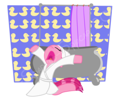 Size: 1600x1300 | Tagged: safe, artist:the-sparkly-spycar, pinkie pie, earth pony, pony, g4, bathrobe, bathroom, bathtub, clothes, crossover, eyes closed, female, robe, silly songs, simple background, singing, solo, song parody, song reference, the hairbrush song, transparent background, veggietales, watermark