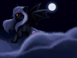 Size: 1600x1200 | Tagged: artist needed, source needed, safe, oc, oc only, oc:midnight ruby, bat pony, pony, cloud, cloudy, flying, moon, night, one eye closed, red eyes, solo