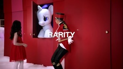Size: 1282x719 | Tagged: safe, screencap, rarity, human, pony, g4, brushable, chrissy teigen, commercial, irl, isabella russo, live action, photo, pony reference, spoiler, target (store), text, the toycracker, toy