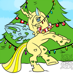 Size: 1100x1118 | Tagged: safe, artist:sapphirus, oc, oc only, changeling, changeling oc, christmas lights, christmas tree, commission, solo, tree, yellow changeling