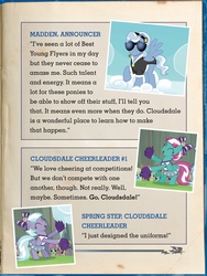Size: 900x1200 | Tagged: safe, lilac sky, madden, spring step, sunlight spring, pegasus, pony, g4, my little pony: the wonderbolts academy handbook, book, page, photo