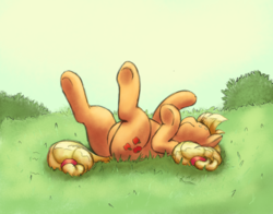 Size: 1200x941 | Tagged: safe, artist:chromaskunk, artist:trickydick, applejack, pony, g4, collaboration, colored, featureless crotch, female, grass, horses doing horse things, on back, rolling, silly, silly pony, smiling, solo, underhoof, who's a silly pony