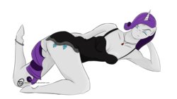 Size: 1024x576 | Tagged: safe, artist:obscuredragone, rarity, unicorn, anthro, unguligrade anthro, g4, black dress, clothes, dress, eyes closed, eyeshadow, female, jewelry, makeup, mare, necklace, simple background, solo, transparent background
