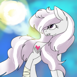 Size: 2000x2000 | Tagged: safe, artist:brokensilence, oc, oc only, oc:angel heart, earth pony, pony, bandage, cute, high res, long mane, old oc, solo, sun, upset