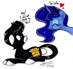 Size: 1120x1059 | Tagged: safe, artist:newyorkx3, princess luna, oc, oc:tommy junior, g4, cute, duo, eyes closed, floppy ears, frown, glare, grumpy, heart, lunabetes, simple background, smiling, tape, traditional art, white background