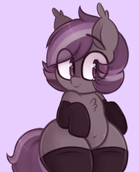 Size: 896x1108 | Tagged: safe, artist:toroitimu, oc, oc only, oc:iris, bat pony, pony, belly button, bipedal, blushing, bottom heavy, chest fluff, chubby, clothes, cute, fangs, female, looking at you, purple background, simple background, smiling, socks, solo, thunder thighs, wide hips