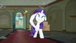 Size: 1366x768 | Tagged: safe, screencap, rarity, pony, unicorn, g4, the saddle row review, dirty, dust, female, floppy ears, grin, insanity, manehattan, mare, rarity for you, saddle row, smiling, solo, spider web, wide eyes