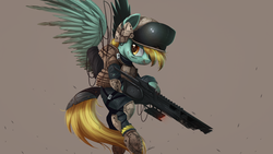 Size: 2000x1125 | Tagged: safe, artist:ncmares, lightning dust, pony, g4, alien (franchise), body armor, bruised, clothes, crossover, female, flying, gun, solo, weapon