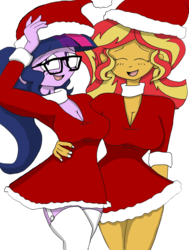 Size: 2987x3958 | Tagged: safe, artist:missmayaleanne, sci-twi, sunset shimmer, twilight sparkle, equestria girls, g4, breasts, cleavage, clothes, costume, dress, female, glasses, hat, high res, lesbian, looking at you, santa costume, santa hat, ship:sci-twishimmer, ship:sunsetsparkle, shipping, simple background, socks, thigh highs, thigh socks, transparent background