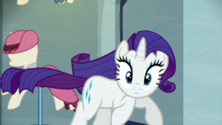 Size: 1366x768 | Tagged: safe, screencap, rarity, pony, unicorn, g4, the saddle row review, female, looking at you, mare, solo, surprised