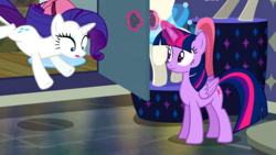 Size: 1366x768 | Tagged: safe, screencap, rarity, twilight sparkle, alicorn, pony, g4, the saddle row review, falling, glowing horn, horn, magic, surprised, this will end in tears, twilight sparkle (alicorn)