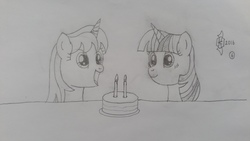 Size: 5312x2988 | Tagged: safe, artist:parclytaxel, twilight sparkle, oc, oc:parcly taxel, alicorn, pony, ain't never had friends like us, albumin flask, parcly taxel in japan, g4, alicorn oc, birthday cake, cake, candle, cheesecake, food, horn, horn ring, japan, lineart, monochrome, pencil drawing, sapporo, smiling, story included, traditional art, twilight sparkle (alicorn)