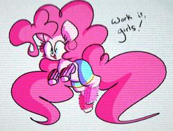 Size: 806x608 | Tagged: safe, artist:hattsy, pinkie pie, pony, g4, clothes, dialogue, female, huge mane, leg warmers, shorts, solo, vhs