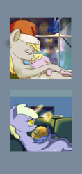 Size: 2400x5100 | Tagged: safe, artist:aaronmk, derpy hooves, dinky hooves, flash sentry, g4, female, filly, hat, night, older, photo, reflection, santa hat, sleeping, snow, window, winter