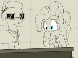 Size: 1280x962 | Tagged: safe, artist:pabbley, pinkie pie, g4, agent smith, crossover, monochrome, no mouth, partial color, ponified, the matrix