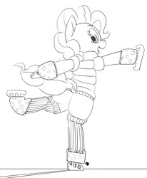 Size: 1280x1554 | Tagged: safe, artist:pabbley, pinkie pie, earth pony, pony, g4, balancing, balloonbutt, bipedal, bottomless, butt, clothes, dock, female, ice skates, ice skating, jacket, looking back, mare, monochrome, open mouth, plot, simple background, smiling, socks, solo, standing, standing on one leg, white background