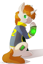 Size: 780x1144 | Tagged: safe, artist:suplolnope, oc, oc only, oc:littlepip, pony, unicorn, fallout equestria, clothes, fanfic, fanfic art, female, hooves, horn, jumpsuit, looking at you, looking back, mare, pipbuck, simple background, sitting, solo, vault suit, white background