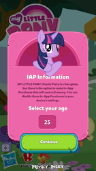 Size: 640x1136 | Tagged: safe, twilight sparkle, pony, g4, female, game, hasbro logo, my little pony logo, puzzle party, solo