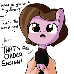 Size: 1080x1080 | Tagged: safe, artist:tjpones, human, pony, dialogue, holding a pony, kathryn janeway, offscreen character, ponified, simple background, solo, star trek, star trek: voyager, this will not end well, tiny ponies, what do you want, white background