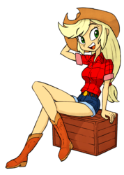 Size: 1070x1500 | Tagged: safe, artist:shinda mane, artist:union of the snake, artist:uotsda, applejack, comic:psychosomatic counterfeit ex: a.j., equestria girls, g4, applejack's hat, boots, clothes, colored, cowboy hat, crate, cute, female, hat, jackabetes, open mouth, simple background, sitting, solo, white background