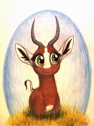 Size: 1024x1376 | Tagged: safe, artist:thefriendlyelephant, oc, oc only, oc:kweli masozi, antelope, bontebok, animal in mlp form, cute, grass, horns, solo, traditional art