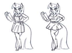 Size: 1354x1000 | Tagged: safe, artist:king-kakapo, twilight sparkle, anthro, unguligrade anthro, g4, arm hooves, black and white, clipboard, clothes, female, grayscale, high heels, jewelry, looking at you, monochrome, multiple variants, necklace, pleated skirt, shoes, sketch, skirt, solo