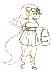 Size: 577x800 | Tagged: safe, artist:king-kakapo, fluttershy, anthro, unguligrade anthro, g4, arm hooves, bag, clothes, cute, dress, female, flower, monochrome, pleated skirt, ribbon, shoes, sketch, skirt, solo, sunglasses