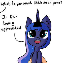 Size: 4000x4000 | Tagged: safe, artist:vladimir-zharkov, princess luna, pony, g4, absurd resolution, cute, dialogue, disembodied hand, holding a pony, i can't believe it's not tjpones, lunabetes, offscreen character, open mouth, pov, simple background, smiling, what do you want, white background
