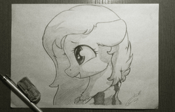 Size: 2044x1308 | Tagged: safe, artist:freeedon, fluttershy, pony, g4, clothes, eraser, female, mare, monochrome, pencil, photo, solo, traditional art