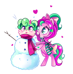 Size: 800x815 | Tagged: safe, artist:ipun, oc, oc only, oc:gadget, oc:precious metal, pegasus, pony, bow, clothes, hair bow, heart eyes, scarf, simple background, snow, snowman, transparent background, watermark, wingding eyes