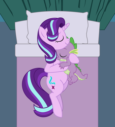 Size: 875x967 | Tagged: safe, artist:twifight-sparkill, spike, starlight glimmer, g4, bed, cuddling, male, ship:sparlight, shipping, snuggling, straight