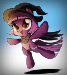 Size: 1292x1436 | Tagged: safe, artist:ruhisu, oc, oc only, oc:foresight, earth pony, pony, clothes, commission, costume, cute, cutie mark, female, filly, happy, hat, jumping, scarf, smiling, solo, witch, witch hat