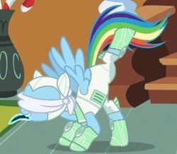 Size: 369x322 | Tagged: safe, screencap, rainbow dash, pegasus, pony, g4, scare master, astrodash, blindfold, clothes, costume, cropped, female, mare, solo