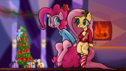Size: 2112x1188 | Tagged: safe, artist:mang, applejack, fluttershy, pinkie pie, rainbow dash, rarity, spike, twilight sparkle, alicorn, pony, g4, bottomless, bow, christmas, christmas tree, clothes, fire, fireplace, holly, mane seven, mane six, partial nudity, present, ribbon, socks, striped socks, sweater, sweatershy, tree, twilight sparkle (alicorn), twilight's castle