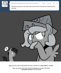 Size: 666x800 | Tagged: safe, artist:egophiliac, princess luna, oc, oc:frolicsome meadowlark, bat pony, pony, moonstuck, g4, cartographer's cap, filly, grayscale, hat, monochrome, woona, younger
