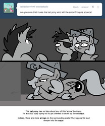 Size: 666x800 | Tagged: safe, artist:egophiliac, princess luna, oc, oc:frolicsome meadowlark, oc:sunshine smiles (egophiliac), bat pony, pony, moonstuck, g4, cartographer's cap, eyepatch, filly, grayscale, hat, monochrome, woona, woonoggles, younger