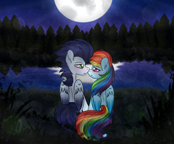 Size: 1024x843 | Tagged: safe, artist:northlights8, rainbow dash, soarin', pony, g4, blushing, colored wings, colored wingtips, forest, lake, male, moon, night, ship:soarindash, shipping, straight