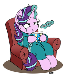 Size: 1198x1378 | Tagged: safe, artist:bobthedalek, starlight glimmer, pony, unicorn, g4, bathrobe, chair, clothes, comfort eating, eating, female, food, ice cream, levitation, magic, messy mane, pudgy, simple background, sitting, solo, telekinesis, this will end in weight gain, white background