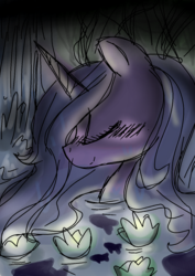 Size: 1000x1414 | Tagged: safe, artist:sonicartist2004, princess celestia, pony, g4, blushing, eyes closed, female, sketchy, smiling, solo, water, waterlily