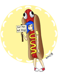 Size: 612x792 | Tagged: safe, artist:kprovido, princess luna, human, g4, clothes, converse, costume, female, food, hot dog, humanized, luna is not amused, meat, sausage, shoes, sign, solo, unamused
