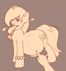 Size: 697x751 | Tagged: safe, artist:bumpywish, oc, oc only, oc:bumpy wish, human, pony, unicorn, :t, annoyed, belly, belly boop, boop, bracelet, female, frown, glare, gray background, hand, jewelry, looking at you, mare, necklace, poking, pregnant, simple background, solo focus