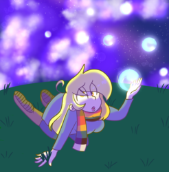 Size: 1600x1626 | Tagged: safe, artist:cubbybatdoodles, derpy hooves, human, g4, bubble, clothes, female, humanized, night, scarf, solo, stars