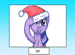 Size: 810x600 | Tagged: safe, artist:bbqninja501st, twilight sparkle, pony, g4, advent calendar, female, hat, looking at you, one eye closed, santa hat, smiling, solo, wink