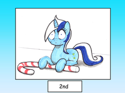 Size: 3375x2500 | Tagged: safe, artist:bbqninja501st, minuette, pony, g4, advent calendar, candy, candy cane, caught, eating, female, food, high res, prone, solo, wide eyes