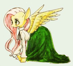 Size: 1856x1696 | Tagged: safe, artist:unousaya, fluttershy, pony, g4, bowtie, clothes, dress, female, ribbon bow tie, simple background, solo, string bow tie