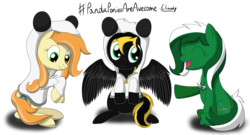 Size: 3900x2100 | Tagged: safe, artist:cloudy95, oc, oc only, oc:aphelion, oc:haven, oc:rayva, earth pony, pegasus, pony, animal costume, clothes, costume, female, high res, mare, panda costume, simple background, transparent background