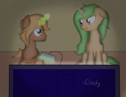 Size: 2600x2000 | Tagged: safe, artist:cloudy95, oc, oc only, oc:curiosa dream, pony, unicorn, controller, female, high res, joystick, magic, male, mare, nintendo entertainment system, stallion, television, video game